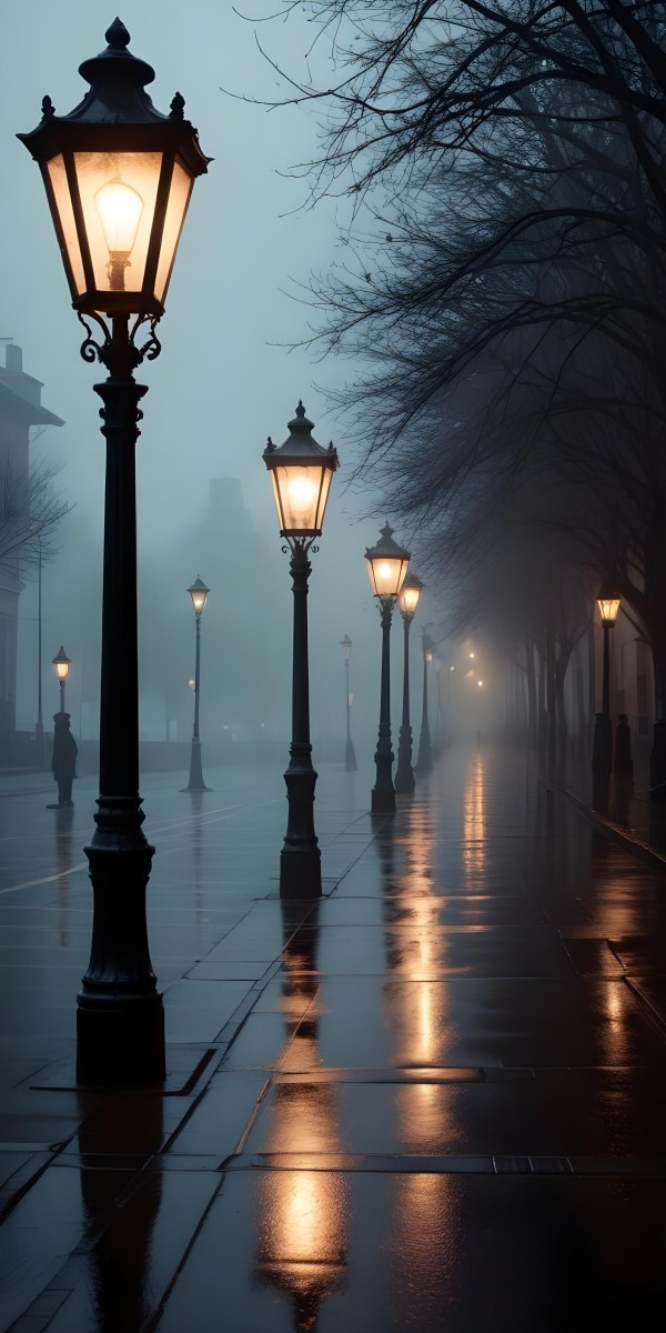 Minimal Soft Studio Light Photography Dimly Lit Street With Rows Of Vintage Style Lampposts Reflecting On A Wet Rainy Surface High Detail Solid Bold Color Background 3 F432