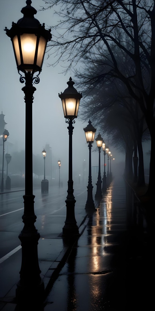 Minimal Soft Studio Light Photography Dimly Lit Street With Rows Of Vintage Style Lampposts Reflecting On A Wet Rainy Surface High Detail Solid Bold Color Background 4 414f