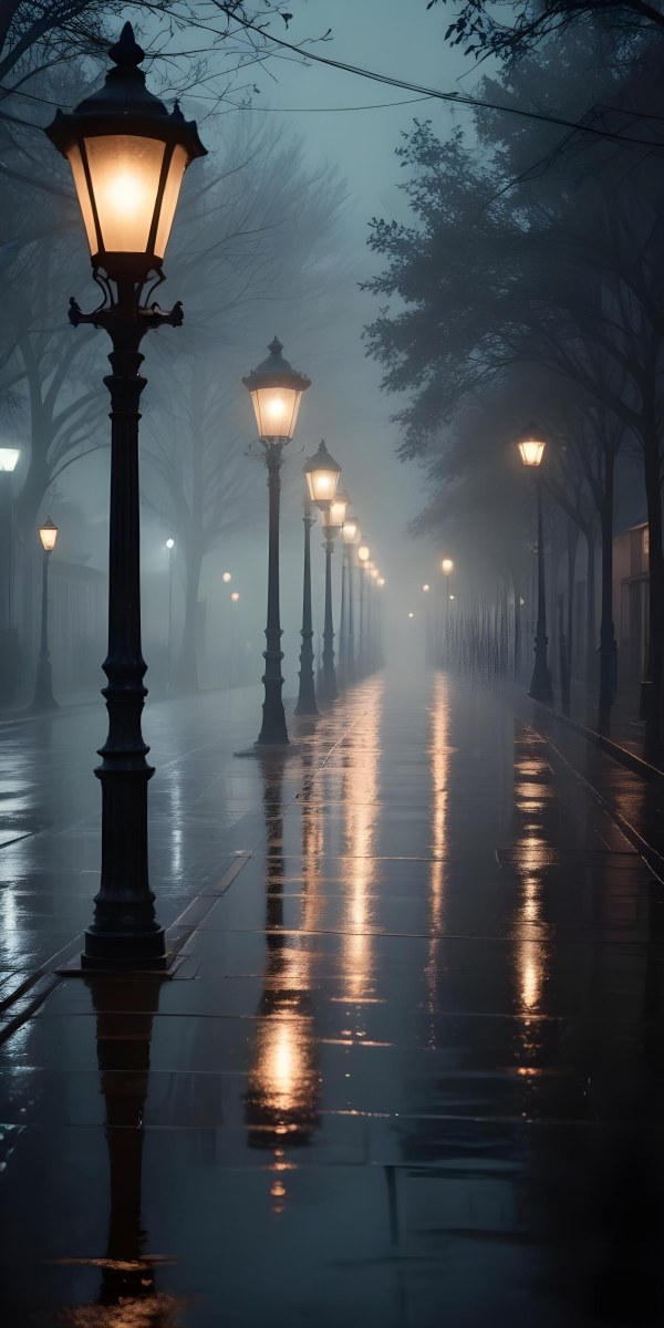 Minimal Soft Studio Light Photography Dimly Lit Street With Rows Of Vintage Style Lampposts Reflecting On A Wet Rainy Surface High Detail Solid Bold Color Background 5 Cd90