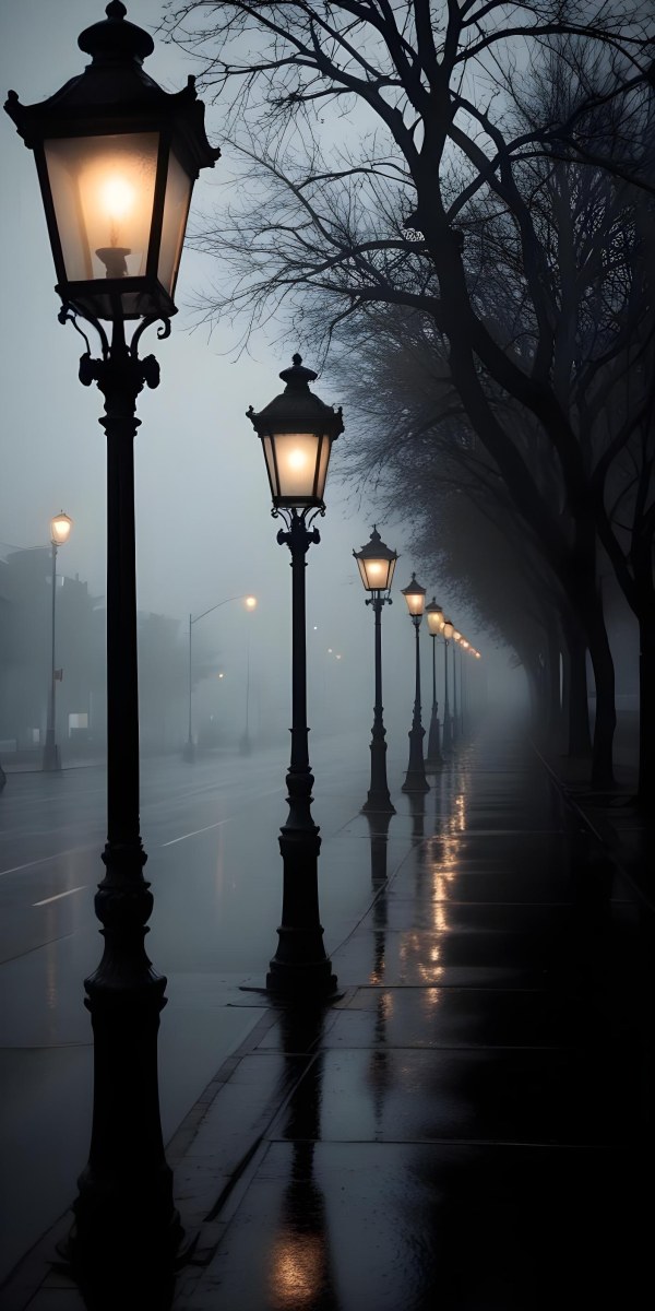 Minimal Soft Studio Light Photography Dimly Lit Street With Rows Of Vintage Style Lampposts Reflecting On A Wet Rainy Surface High Detail Solid Bold Color Background 6 B723