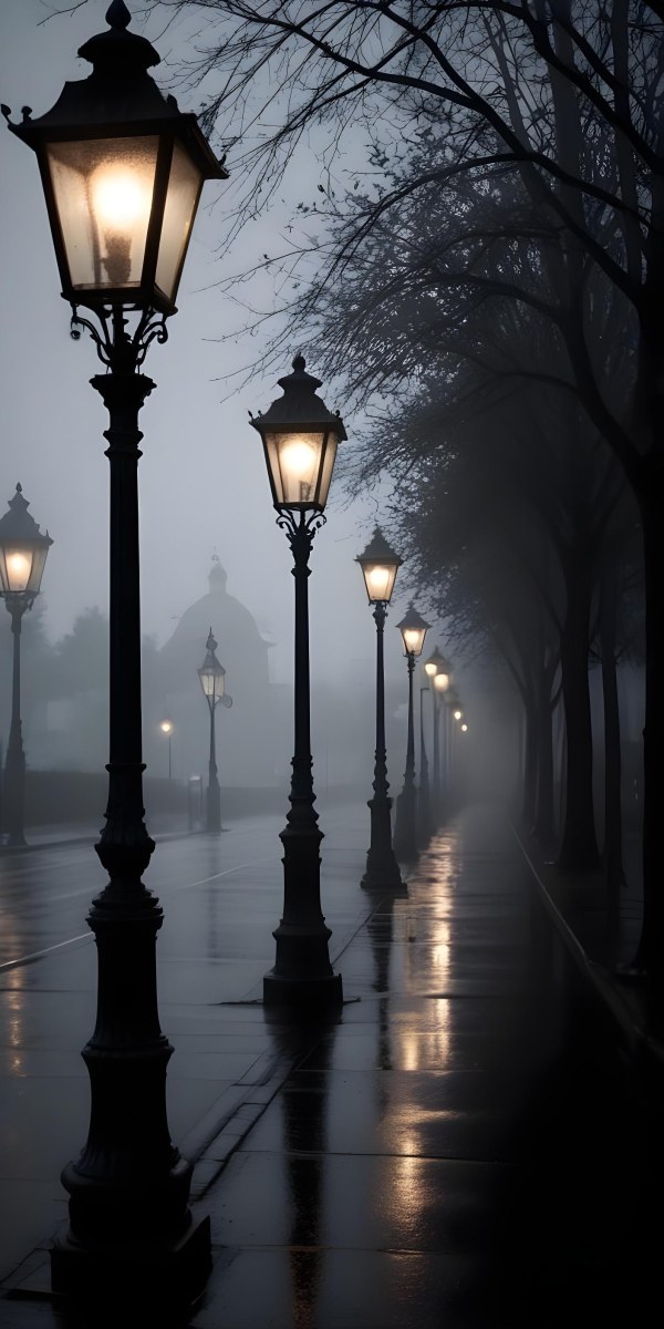 Minimal Soft Studio Light Photography Dimly Lit Street With Rows Of Vintage Style Lampposts Reflecting On A Wet Rainy Surface High Detail Solid Bold Color Background 8 8ac0