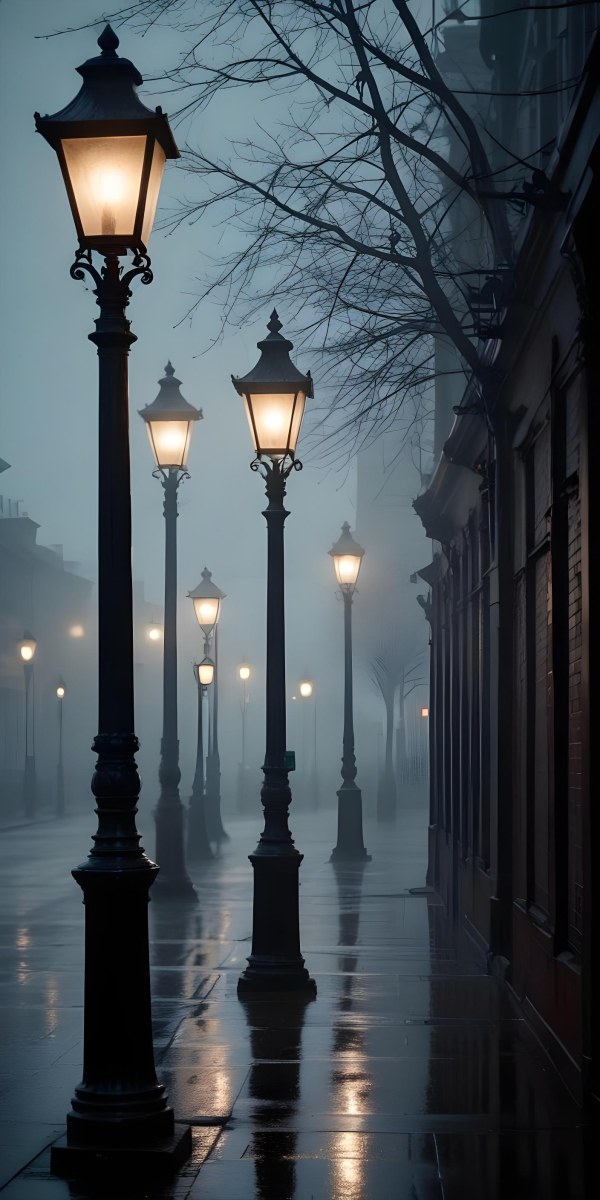 Minimal Soft Studio Light Photography Dimly Lit Street With Rows Of Vintage Style Lampposts Reflecting On A Wet Rainy Surface High Detail Solid Bold Color Background 9 3708