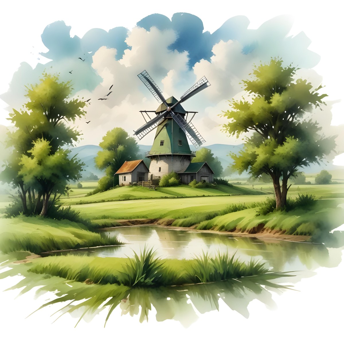 Oil Painting A Green Farm With A Windmill Surrounded By Green Trees And Grass Watercolor Style With A Cloudy Sky And Birds Flying Above Creative Extremely Detailed Brush Stroke 10 A40d