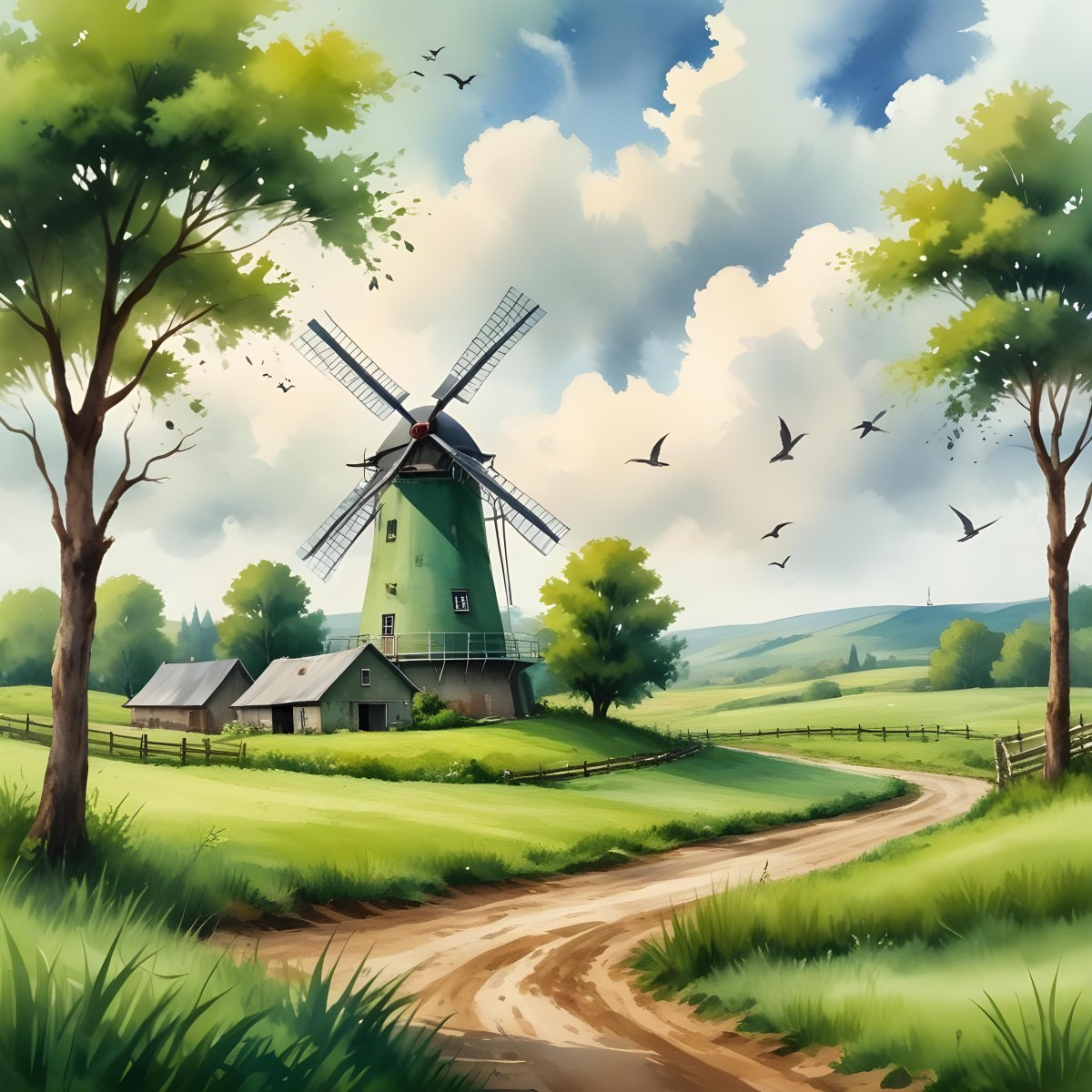 Oil Painting A Green Farm With A Windmill Surrounded By Green Trees And Grass Watercolor Style With A Cloudy Sky And Birds Flying Above Creative Extremely Detailed Brush Stroke 14 5676