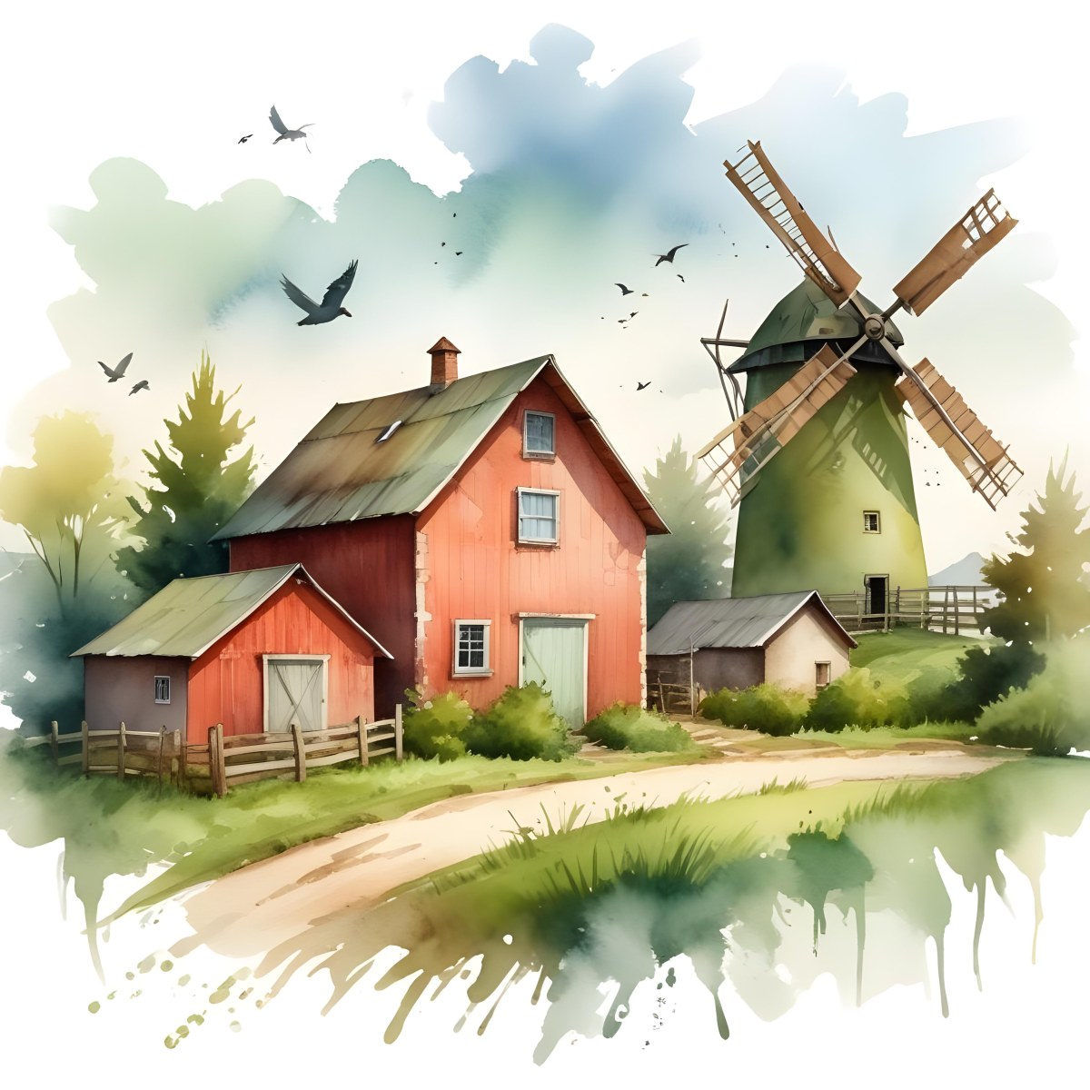 Oil Painting A Green Farm With A Windmill Surrounded By Green Trees And Grass Watercolor Style With A Cloudy Sky And Birds Flying Above Creative Extremely Detailed Brush Stroke 15 3afd