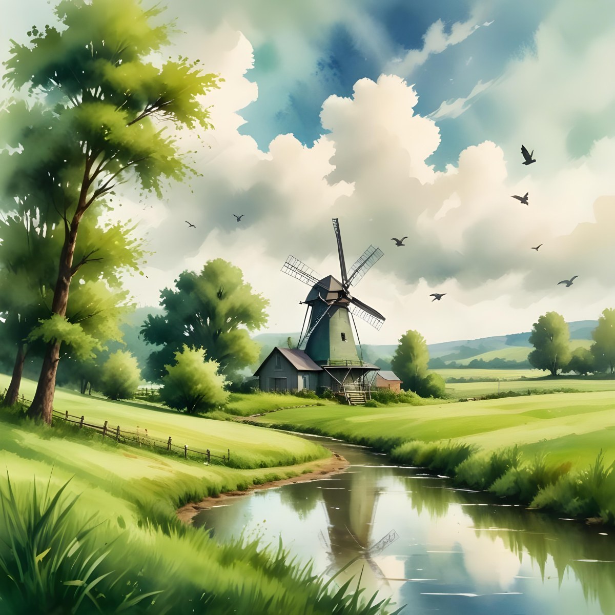 Oil Painting A Green Farm With A Windmill Surrounded By Green Trees And Grass Watercolor Style With A Cloudy Sky And Birds Flying Above Creative Extremely Detailed Brush Stroke 2 074b