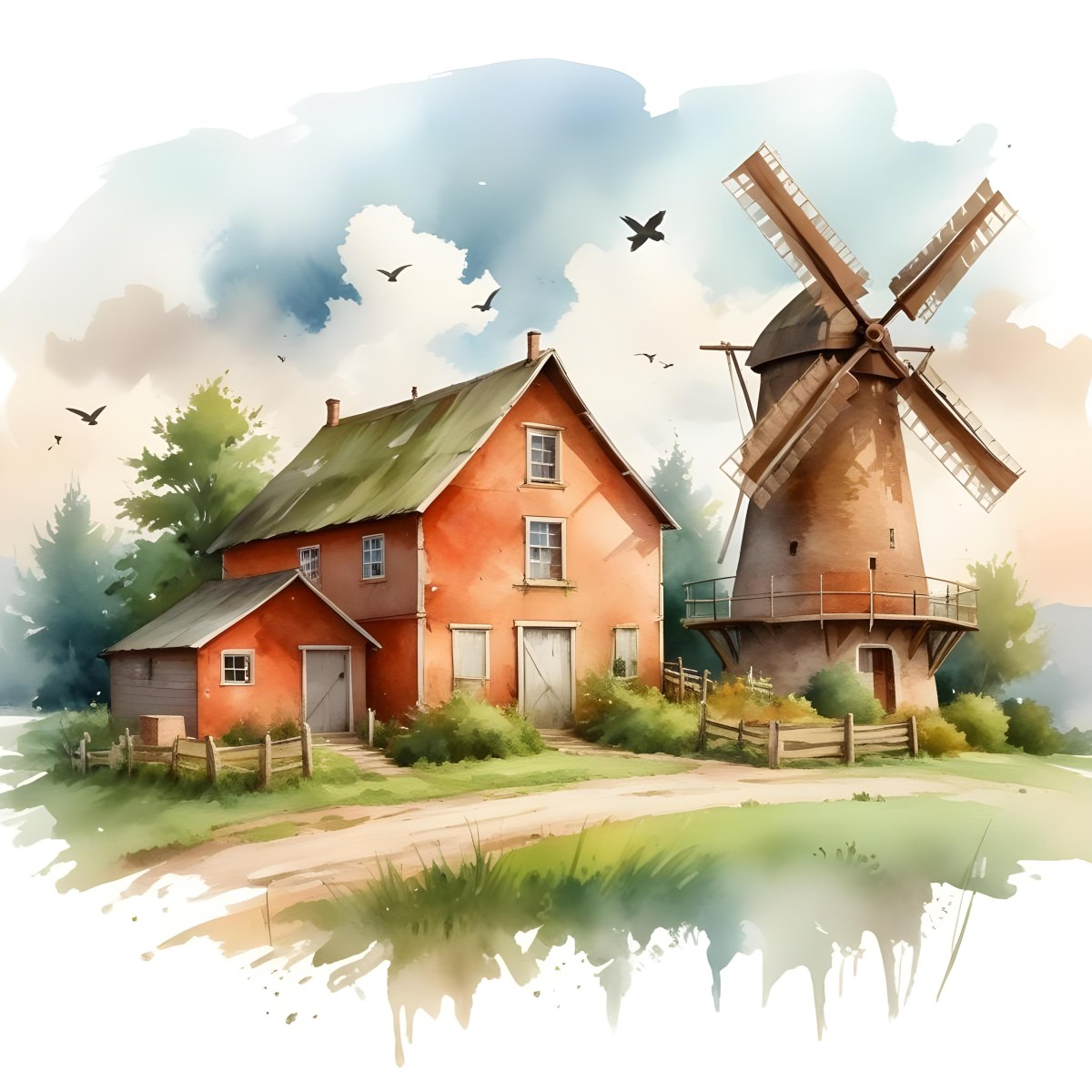 Oil Painting A Green Farm With A Windmill Surrounded By Green Trees And Grass Watercolor Style With A Cloudy Sky And Birds Flying Above Creative Extremely Detailed Brush Stroke 23 F7c4