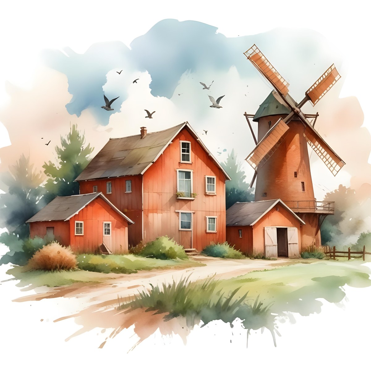 Oil Painting A Green Farm With A Windmill Surrounded By Green Trees And Grass Watercolor Style With A Cloudy Sky And Birds Flying Above Creative Extremely Detailed Brush Stroke 33 F604
