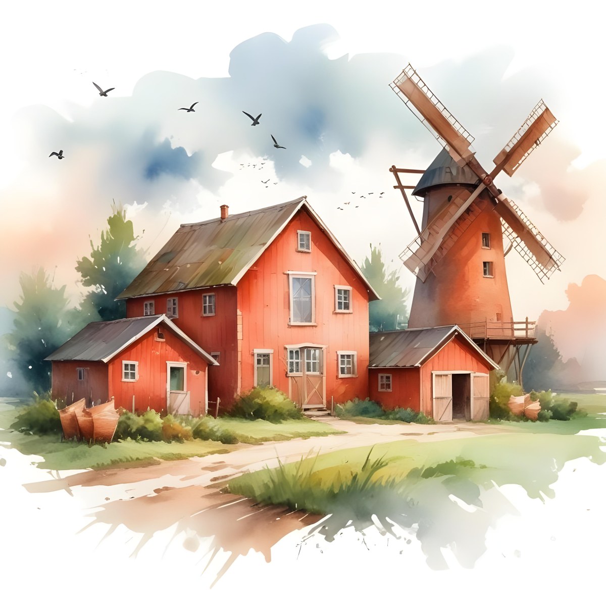 Oil Painting A Green Farm With A Windmill Surrounded By Green Trees And Grass Watercolor Style With A Cloudy Sky And Birds Flying Above Creative Extremely Detailed Brush Stroke 39 9499