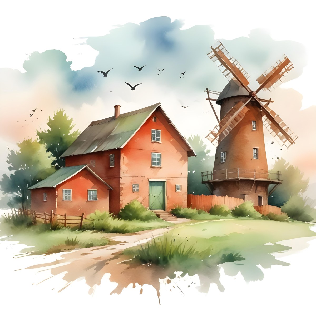 Oil Painting A Green Farm With A Windmill Surrounded By Green Trees And Grass Watercolor Style With A Cloudy Sky And Birds Flying Above Creative Extremely Detailed Brush Stroke 40 7c67