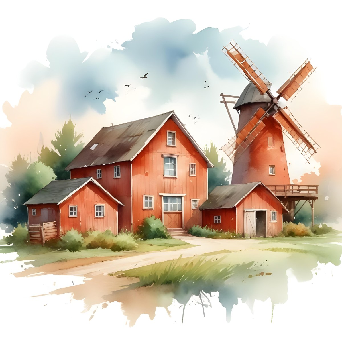 Oil Painting A Green Farm With A Windmill Surrounded By Green Trees And Grass Watercolor Style With A Cloudy Sky And Birds Flying Above Creative Extremely Detailed Brush Stroke 42 67e7