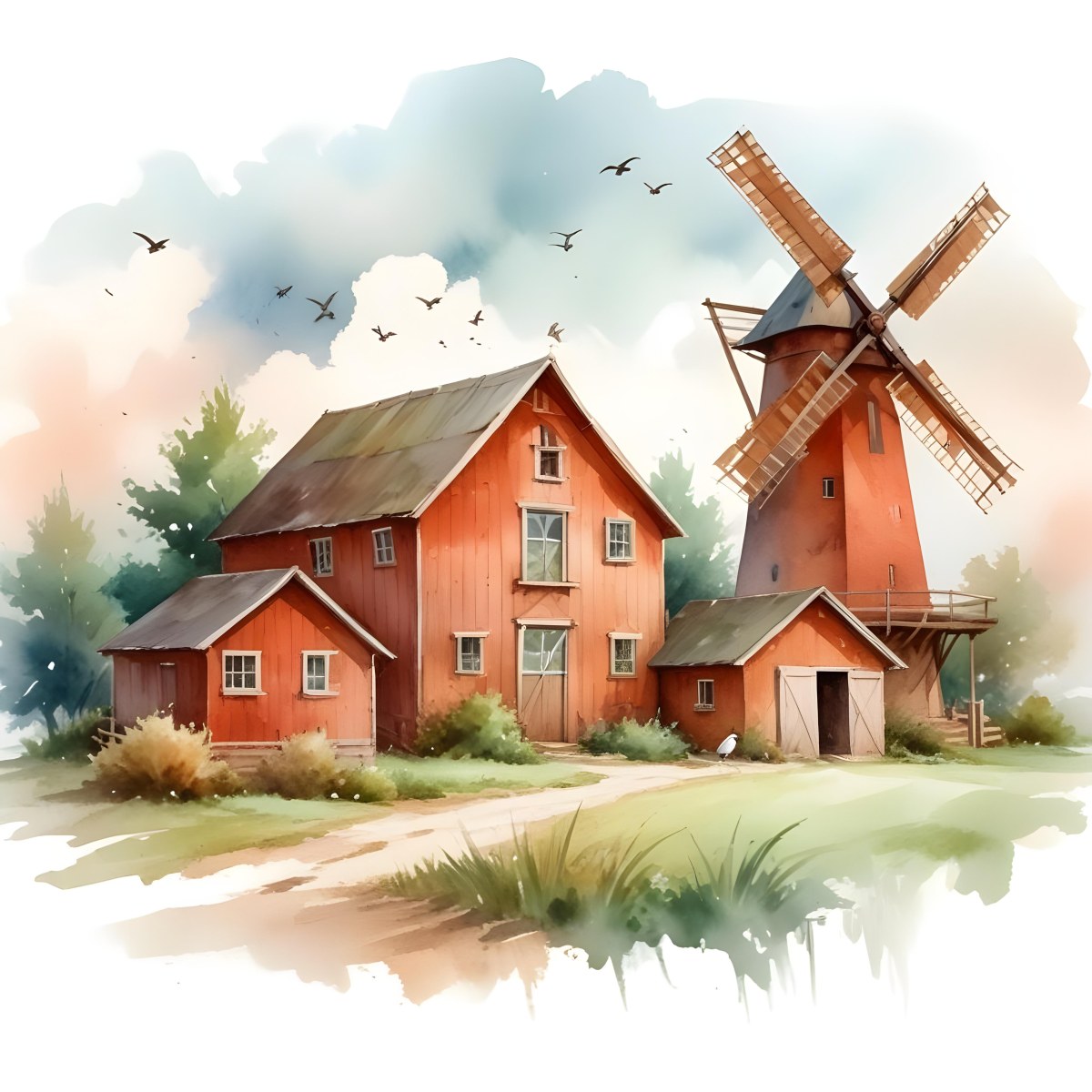 Oil Painting A Green Farm With A Windmill Surrounded By Green Trees And Grass Watercolor Style With A Cloudy Sky And Birds Flying Above Creative Extremely Detailed Brush Stroke 43 A53f