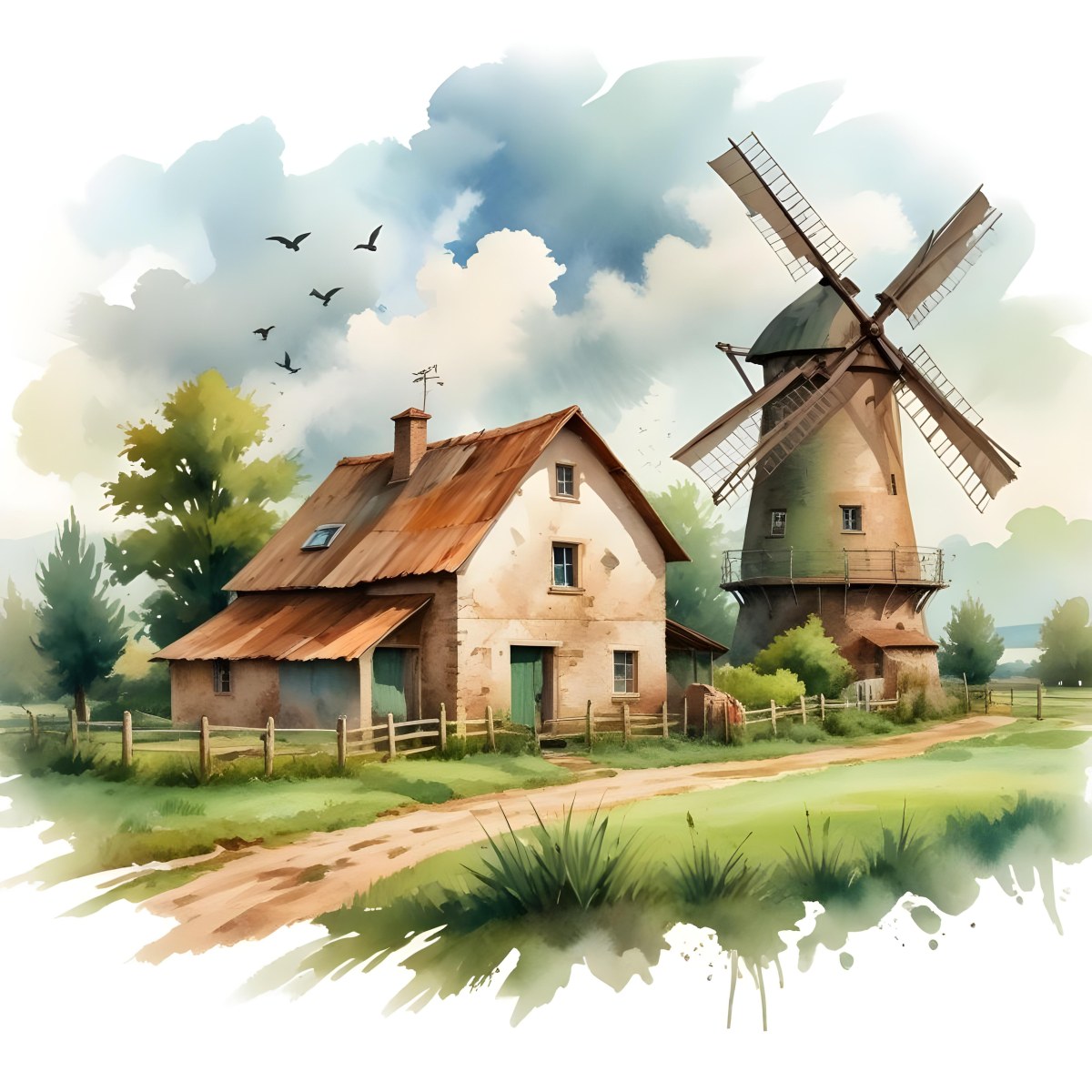 Oil Painting A Green Farm With A Windmill Surrounded By Green Trees And Grass Watercolor Style With A Cloudy Sky And Birds Flying Above Creative Extremely Detailed Brush Stroke 45 4941