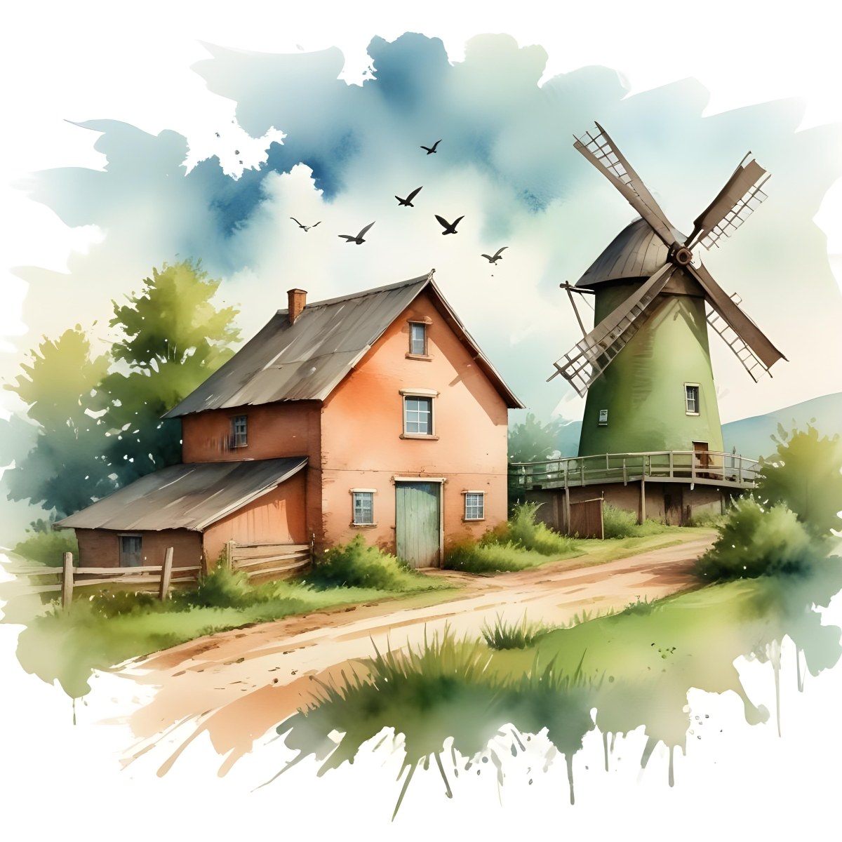 Oil Painting A Green Farm With A Windmill Surrounded By Green Trees And Grass Watercolor Style With A Cloudy Sky And Birds Flying Above Creative Extremely Detailed Brush Stroke 46 752d