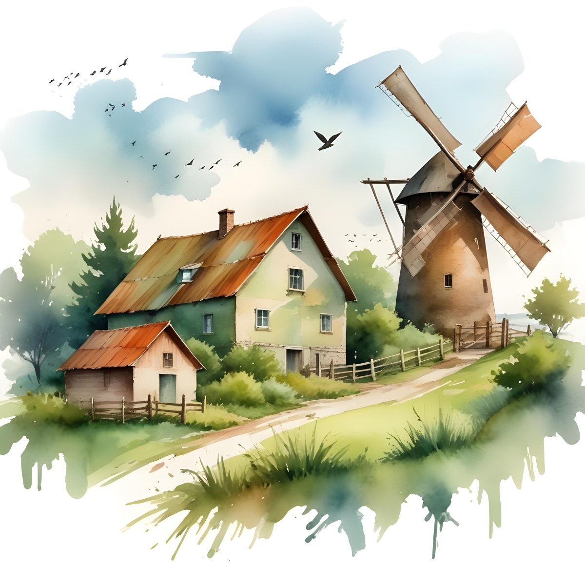 Oil Painting A Green Farm With A Windmill Surrounded By Green Trees And Grass Watercolor Style With A Cloudy Sky And Birds Flying Above Creative Extremely Detailed Brush Stroke 48 6220