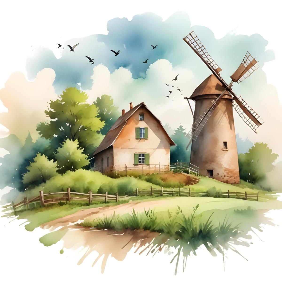 Oil Painting A Green Farm With A Windmill Surrounded By Green Trees And Grass Watercolor Style With A Cloudy Sky And Birds Flying Above Creative Extremely Detailed Brush Stroke 5 5830