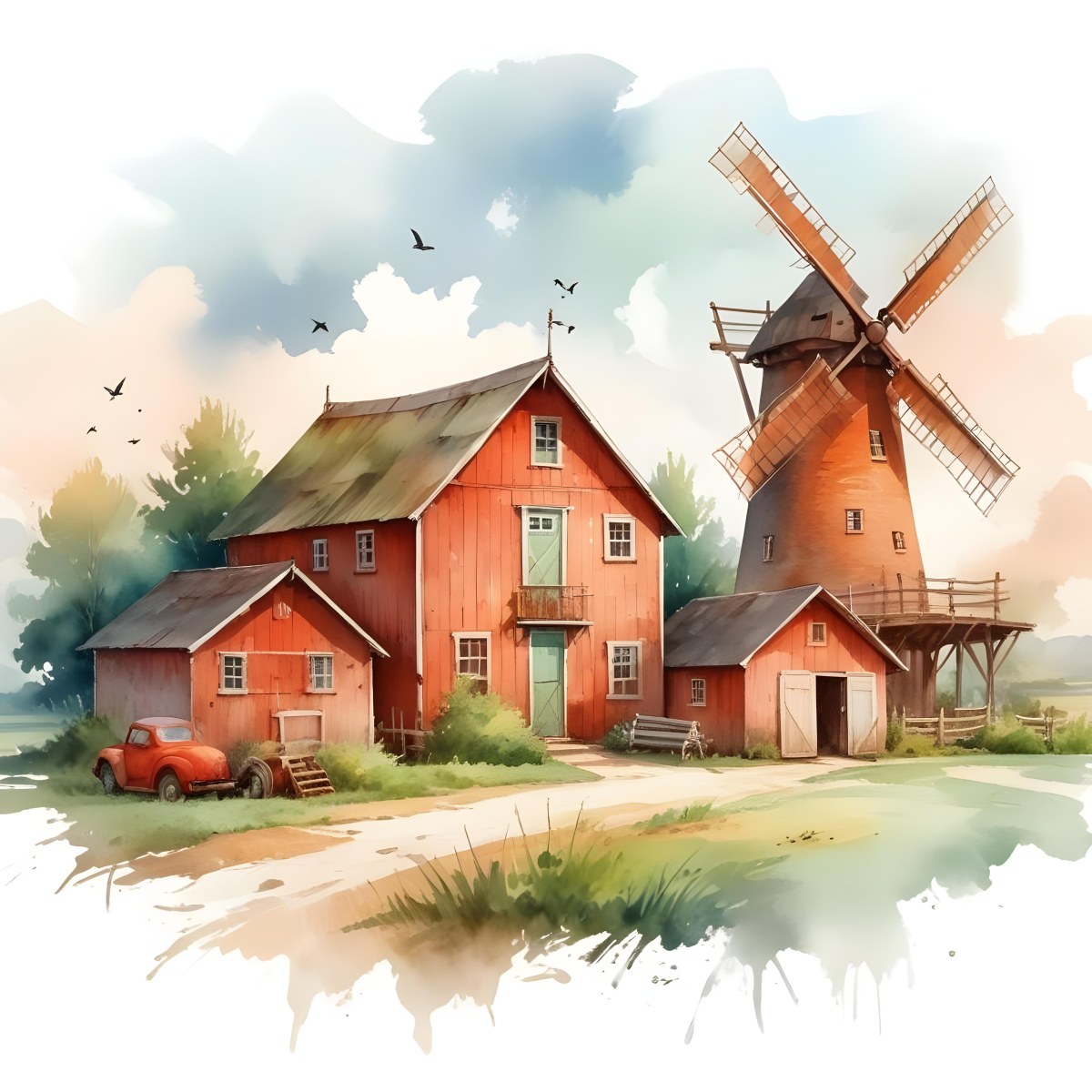 Oil Painting A Green Farm With A Windmill Surrounded By Green Trees And Grass Watercolor Style With A Cloudy Sky And Birds Flying Above Creative Extremely Detailed Brush Stroke 50 120c