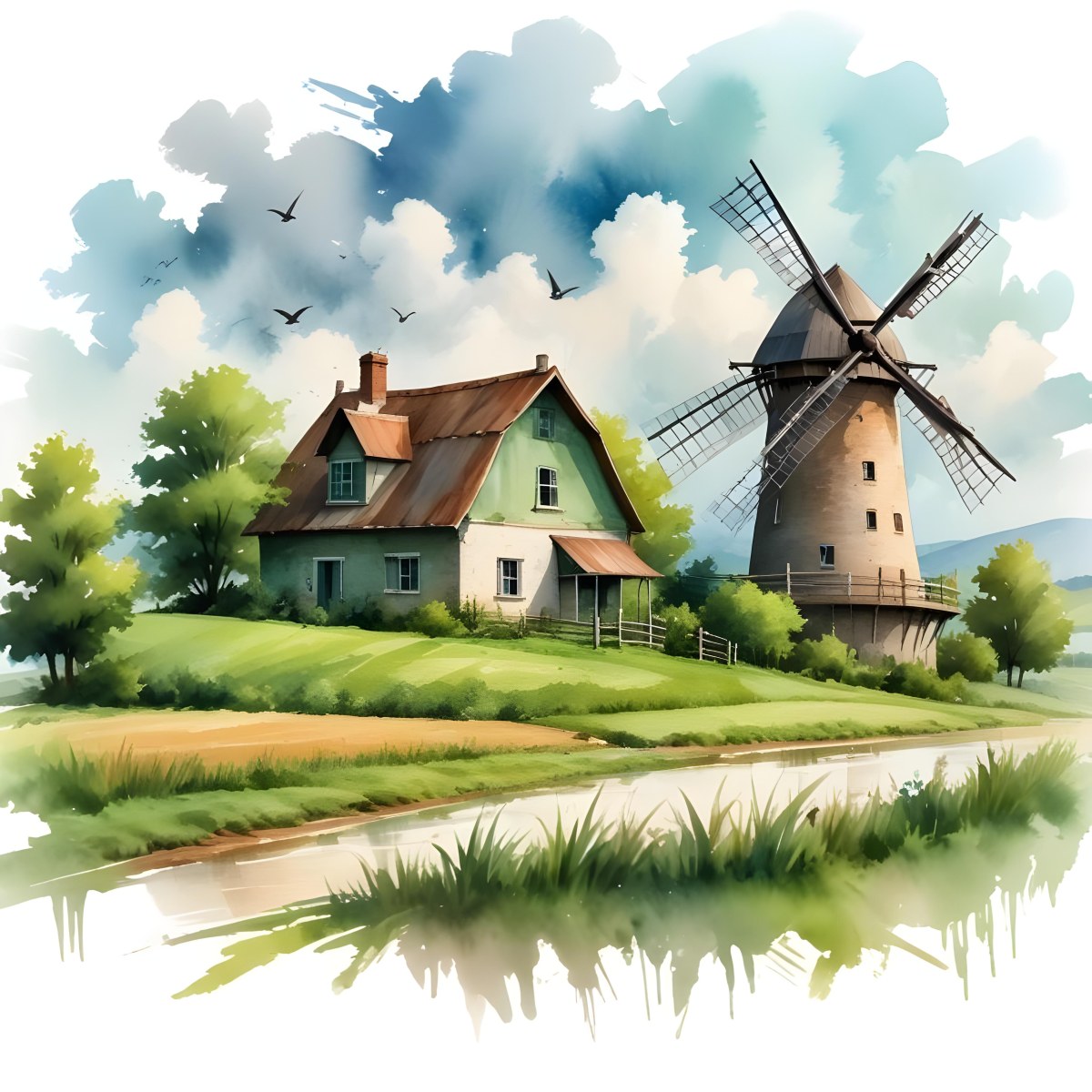 Oil Painting A Green Farm With A Windmill Surrounded By Green Trees And Grass Watercolor Style With A Cloudy Sky And Birds Flying Above Creative Extremely Detailed Brush Stroke 6 C0dc
