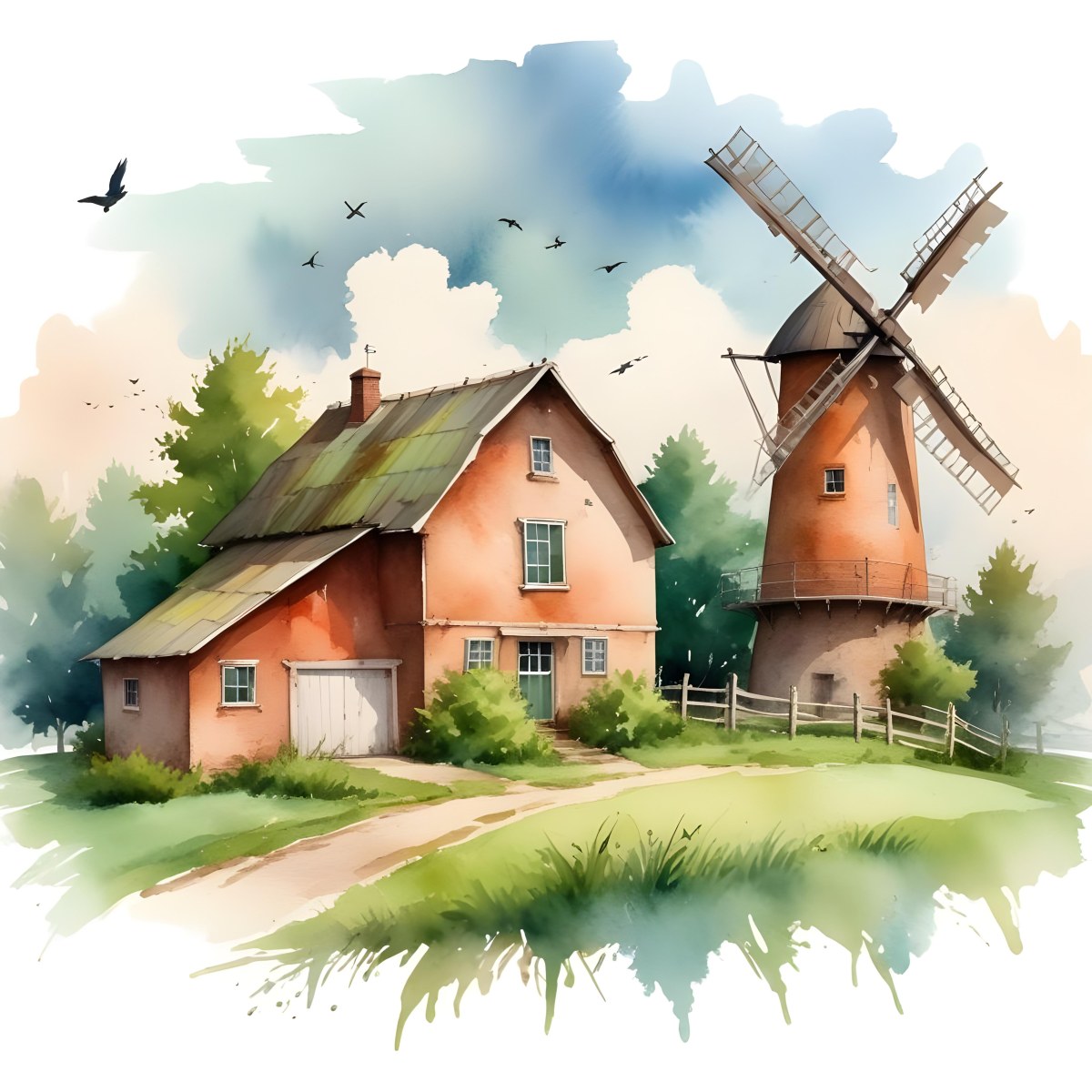 Oil Painting A Green Farm With A Windmill Surrounded By Green Trees And Grass Watercolor Style With A Cloudy Sky And Birds Flying Above Creative Extremely Detailed Brush Stroke 7 0554