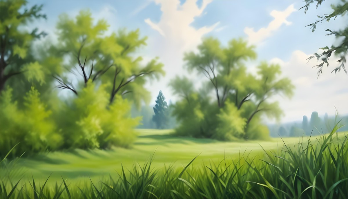 Oil Painting Green Grass In The Foreground Out Of Focus Trees And Sky In The Background Bright And Sunny Day Nature Creative Extremely Detailed Brush Stroke 9 237c