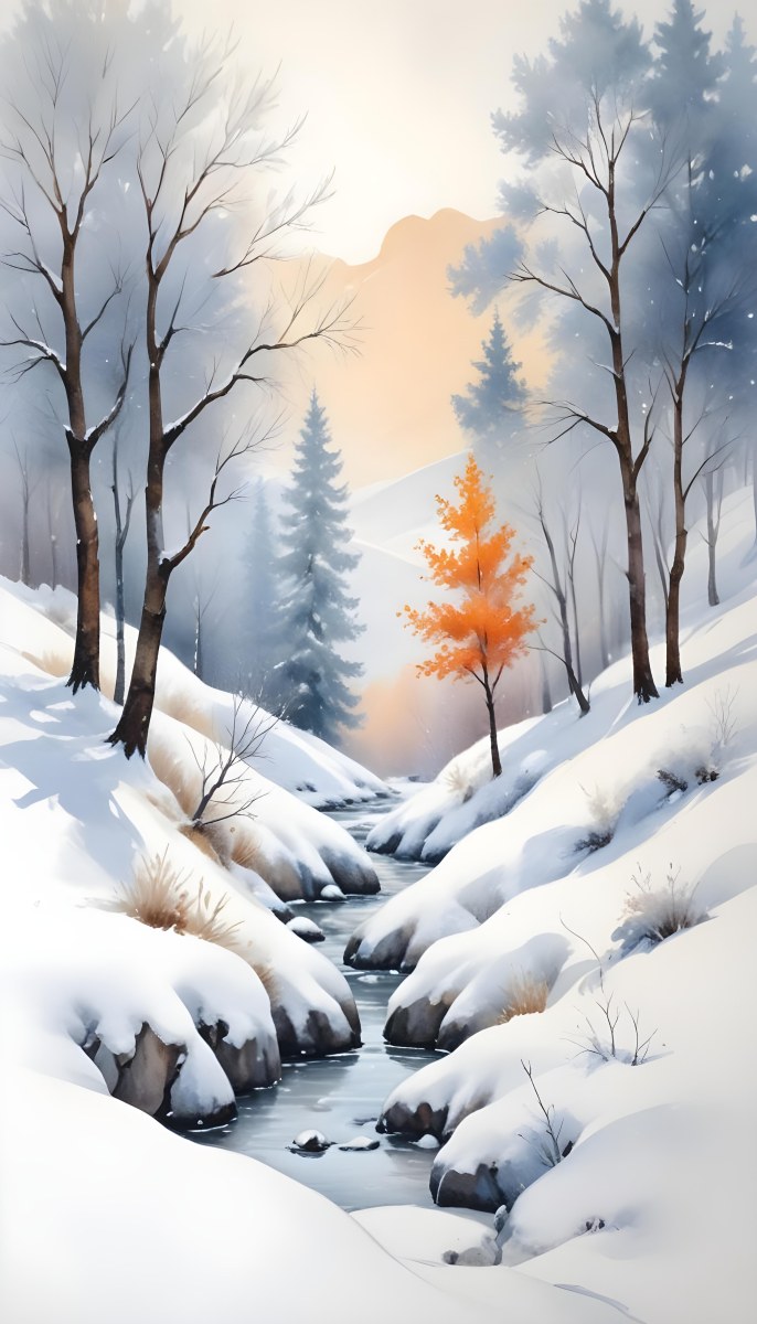 Oil Painting Winter Landscape With Snow Covered Hills And Snow Covered Trees Watercolor Style Soft Pastel Colors A Single Orange Tree Stands Out In The Foreground Soft Light In The Background Creative Extremely De 7 90ec