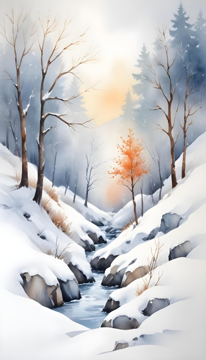 Oil Painting Winter Landscape With Snow Covered Hills And Snow Covered Trees Watercolor Style Soft Pastel Colors A Single Orange Tree Stands Out In The Foreground Soft Light In The Background Creative Extremely De 9 0708