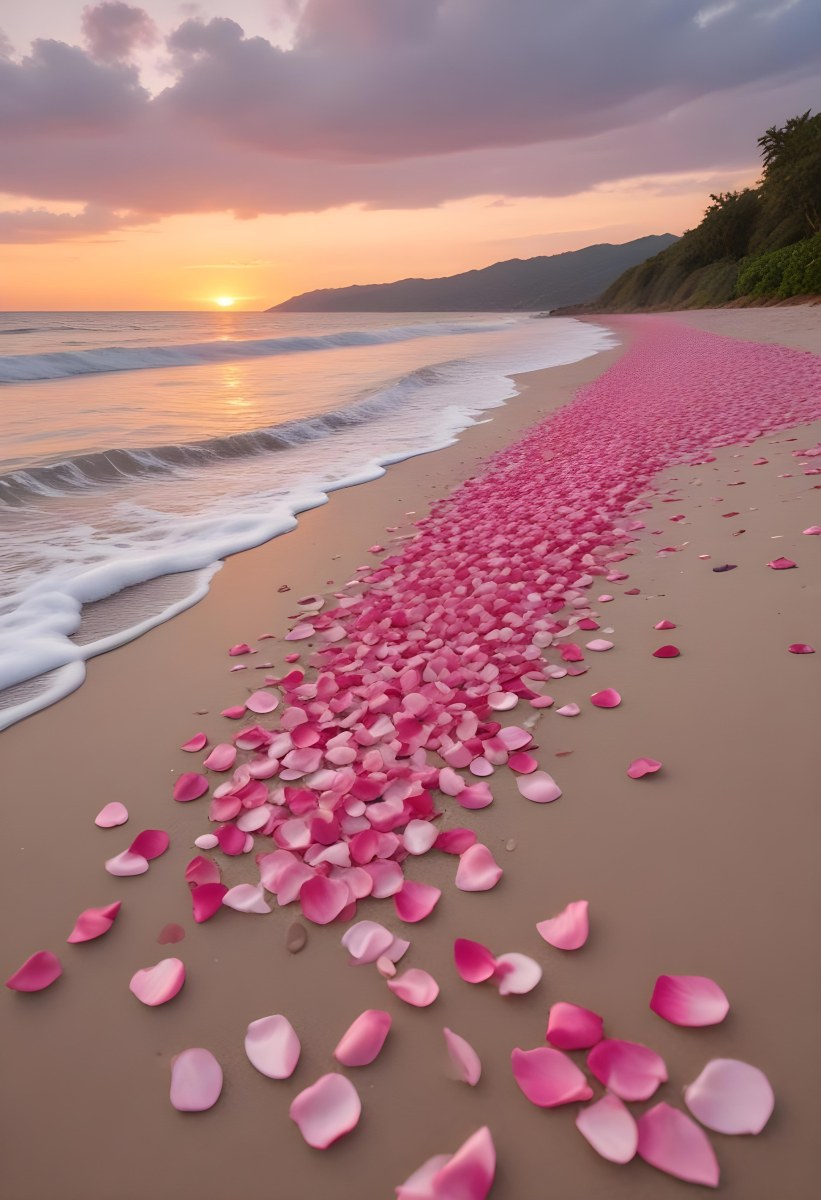 Pink Rose Petals Scattered On The Beach With The Ocean And Sunset In The Background 12 618f