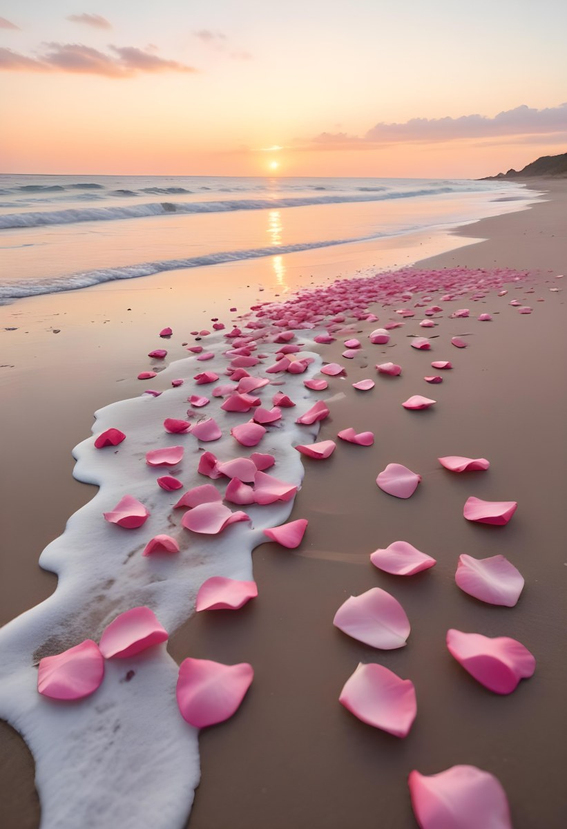 Pink Rose Petals Scattered On The Beach With The Ocean And Sunset In The Background 13 3822