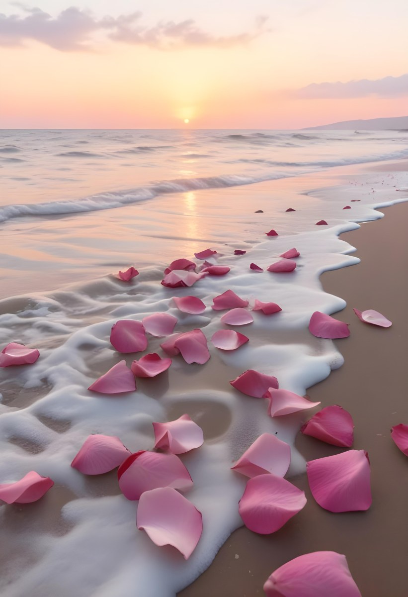 Pink Rose Petals Scattered On The Beach With The Ocean And Sunset In The Background 14 74fc