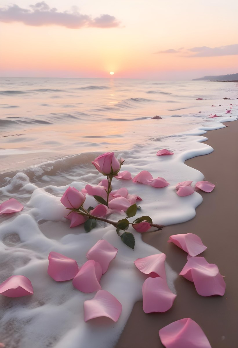 Pink Rose Petals Scattered On The Beach With The Ocean And Sunset In The Background 16 6413