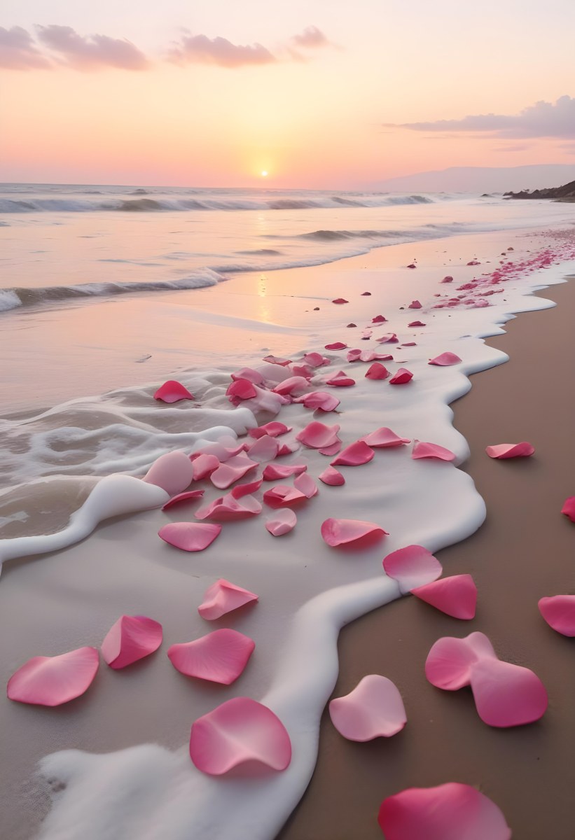 Pink Rose Petals Scattered On The Beach With The Ocean And Sunset In The Background 2 7349