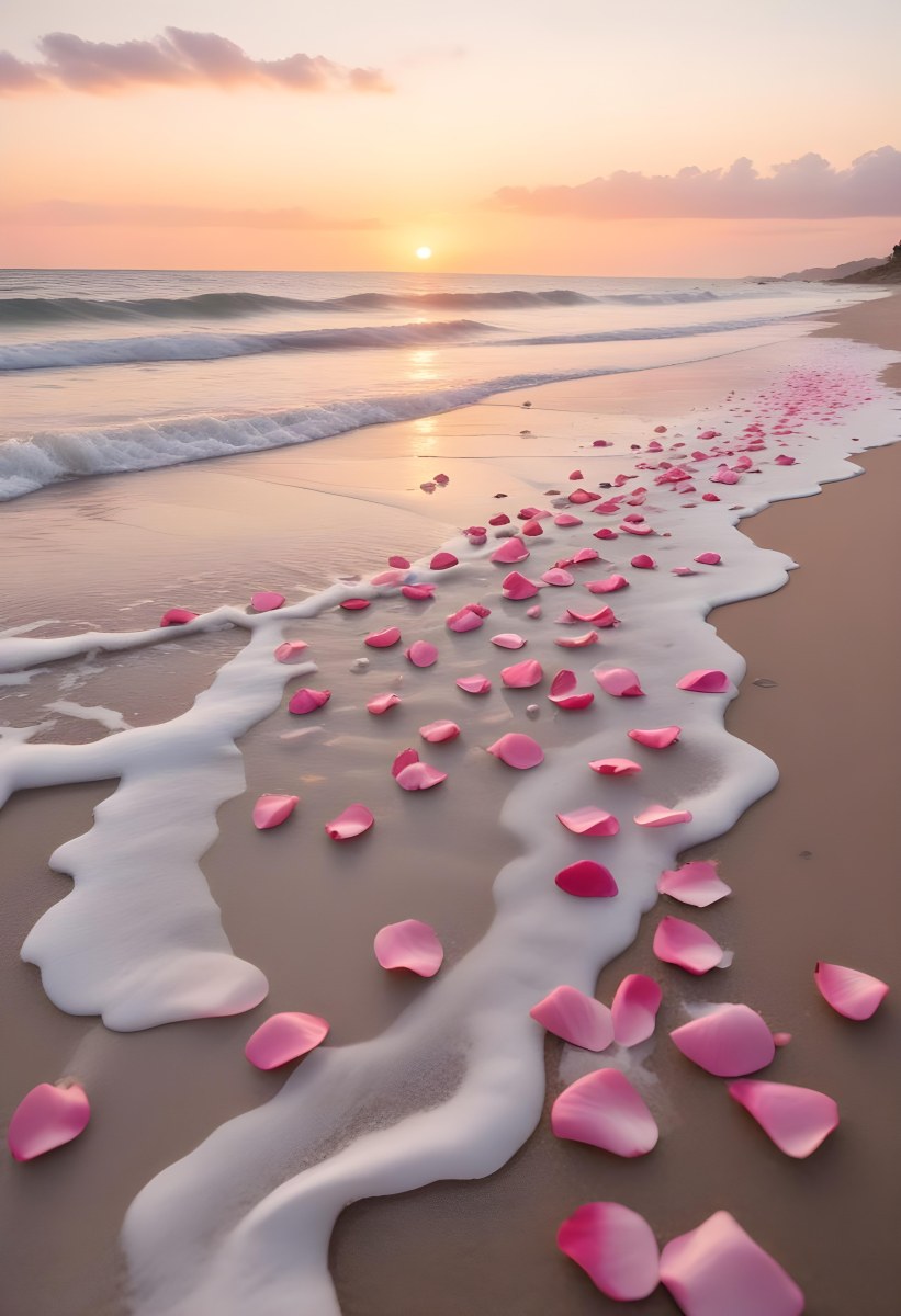 Pink Rose Petals Scattered On The Beach With The Ocean And Sunset In The Background 4 545f