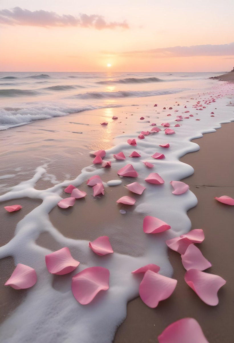 Pink Rose Petals Scattered On The Beach With The Ocean And Sunset In The Background 5 Fecd