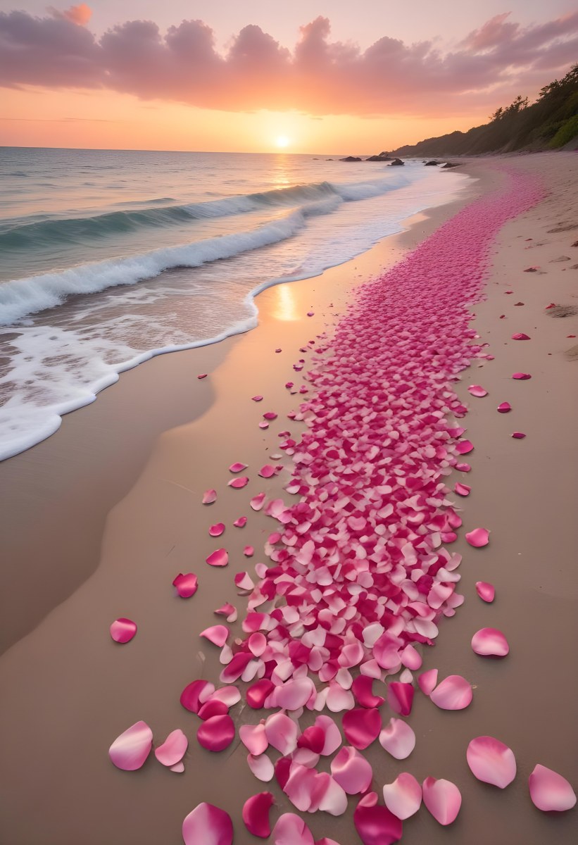 Pink Rose Petals Scattered On The Beach With The Ocean And Sunset In The Background 6 E931