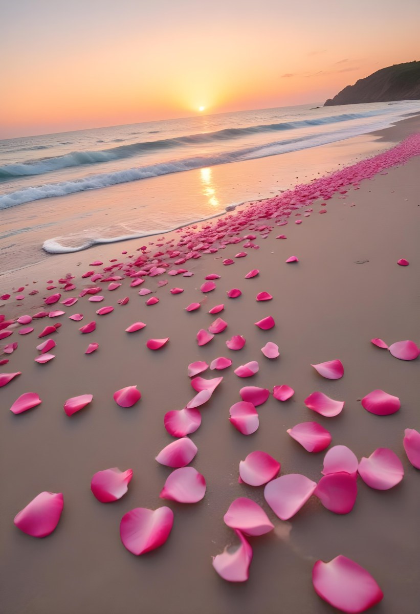 Pink Rose Petals Scattered On The Beach With The Ocean And Sunset In The Background 7 804d
