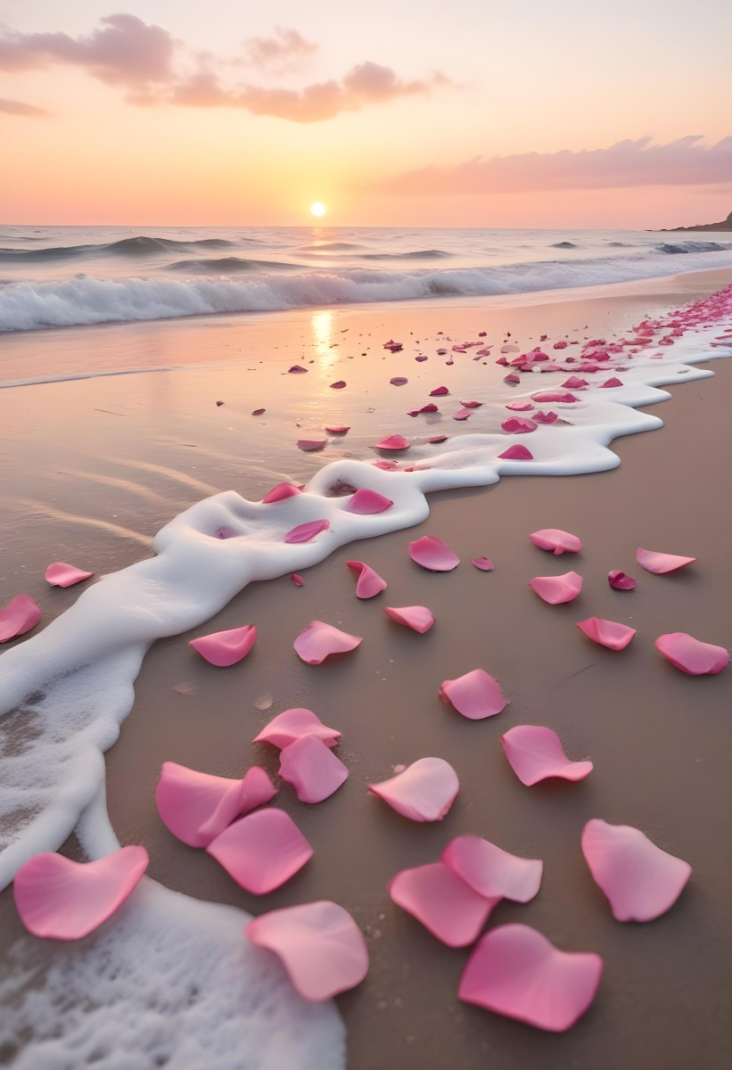 Pink Rose Petals Scattered On The Beach With The Ocean And Sunset In The Background 8 Eb1d