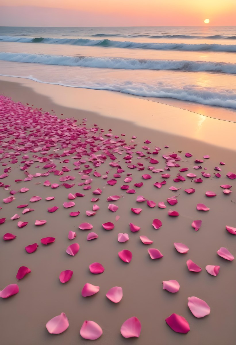 Pink Rose Petals Scattered On The Beach With The Ocean And Sunset In The Background 9 9657