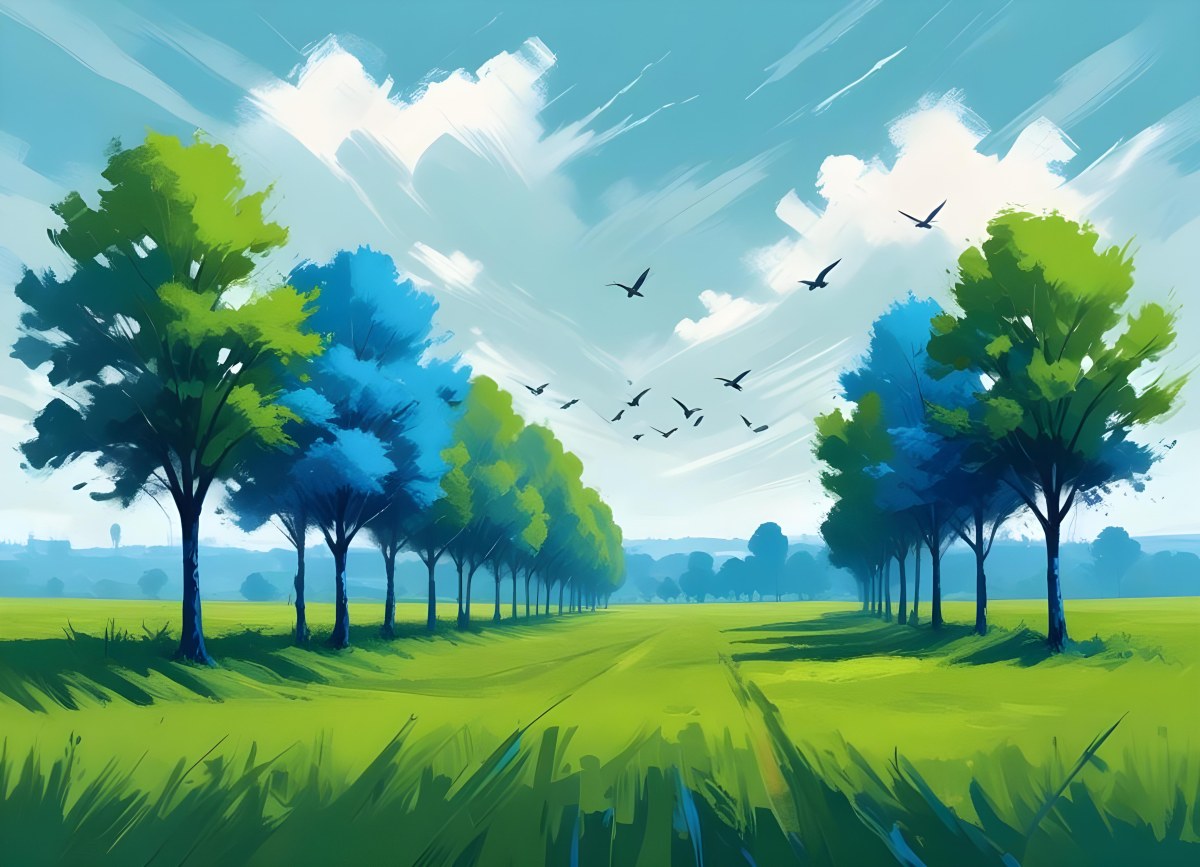 Row Of Blue Trees In A Green Field