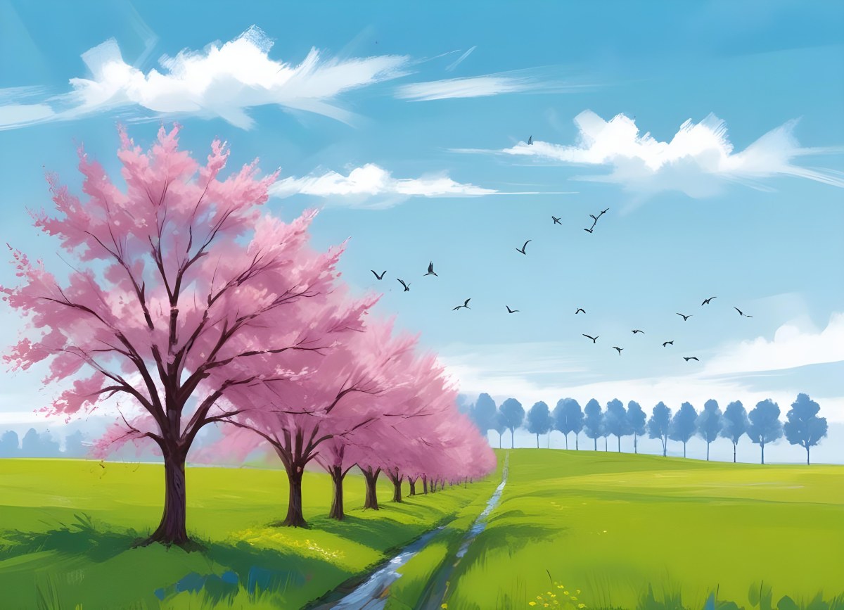 Row Of Blue Trees In A Green Field With A Blue Sky And White Clouds Birds Flying In The Distance Spring Landscape 14 1fff