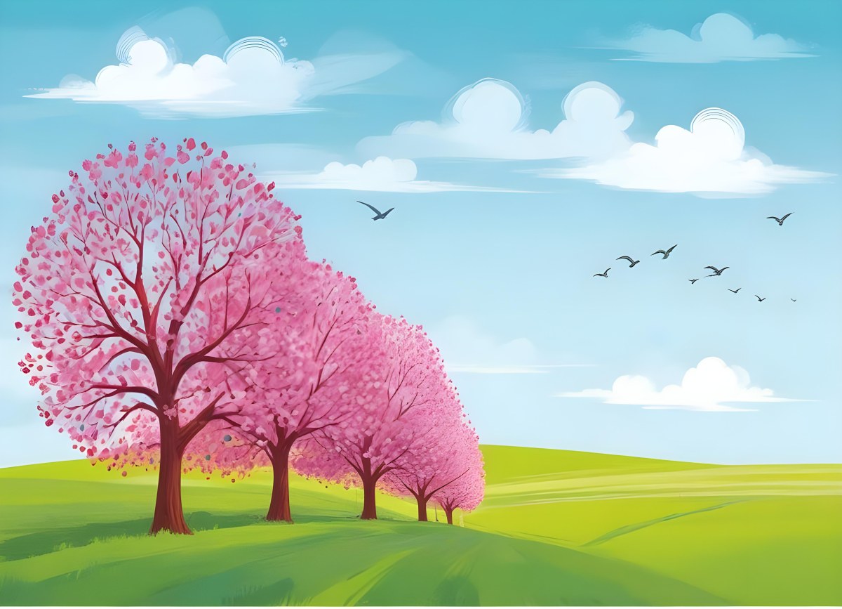 Row Of Blue Trees In A Green Field With A Blue Sky And White Clouds Birds Flying In The Distance Spring Landscape 19 158c