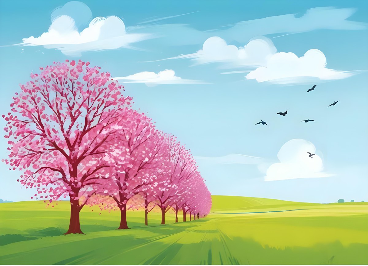 Row Of Blue Trees In A Green Field With A Blue Sky And White Clouds Birds Flying In The Distance Spring Landscape 2 E7fb