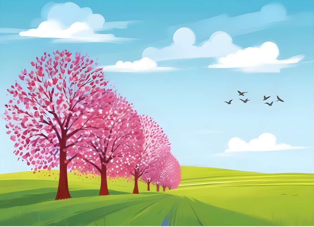 Row Of Blue Trees In A Green Field With A Blue Sky And White Clouds Birds Flying In The Distance Spring Landscape 21 Bbdb