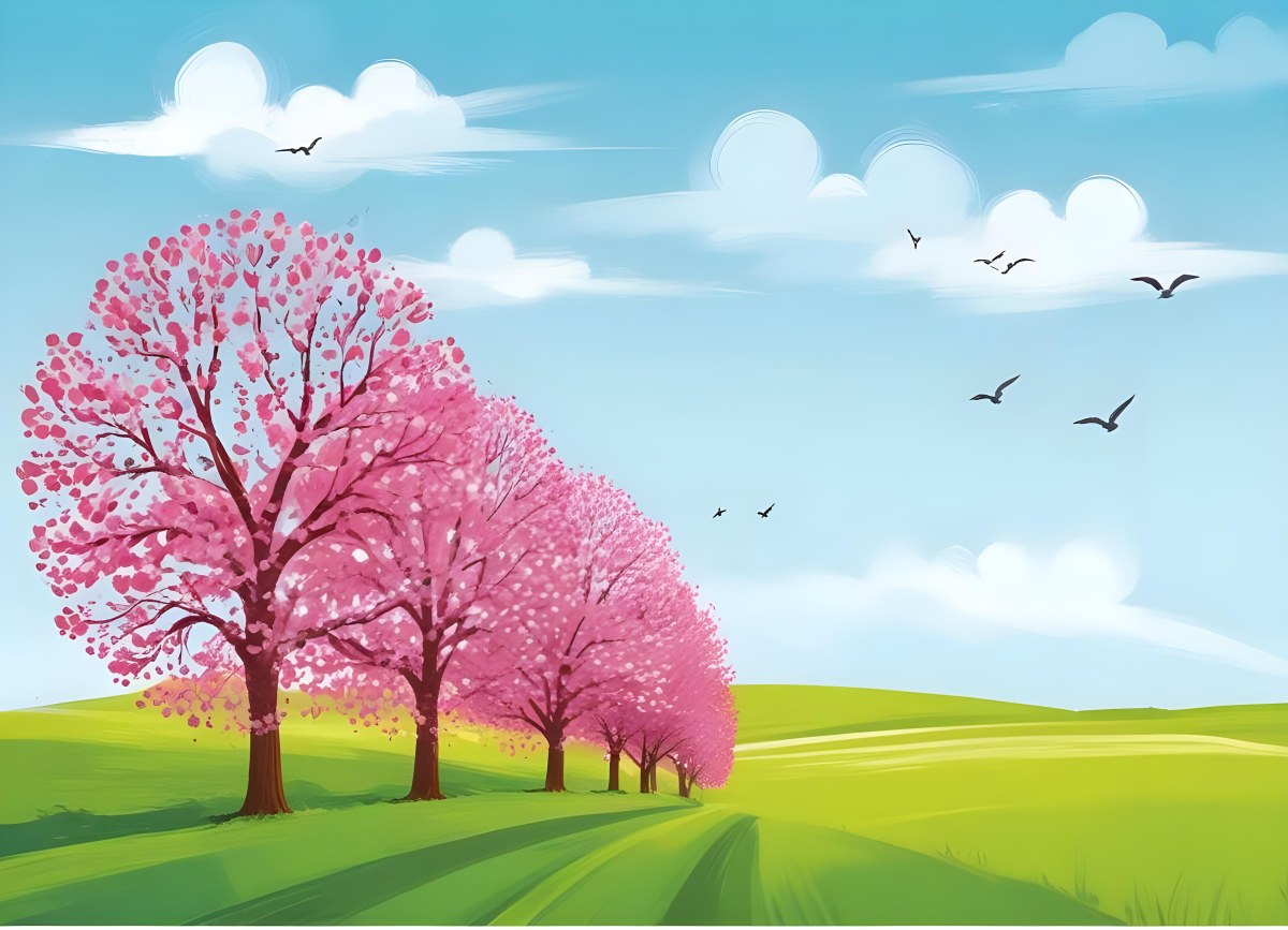 Row Of Blue Trees In A Green Field With A Blue Sky And White Clouds Birds Flying In The Distance Spring Landscape 22 9eb9