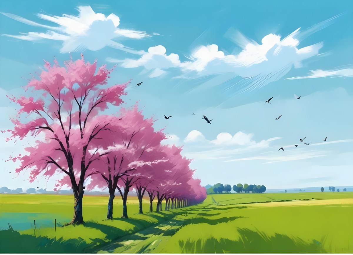 Row Of Blue Trees In A Green Field With A Blue Sky And White Clouds Birds Flying In The Distance Spring Landscape 23 D68f
