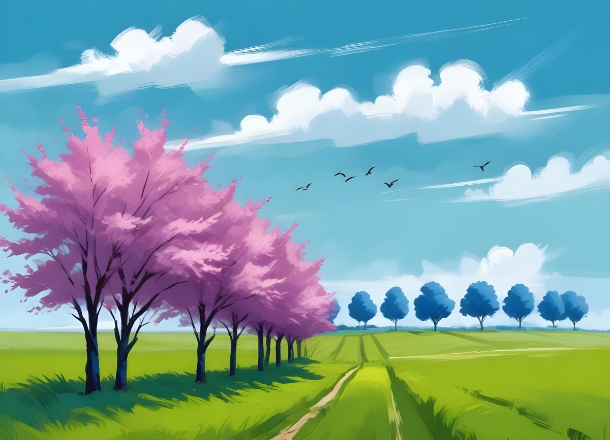 Row Of Blue Trees In A Green Field With A Blue Sky And White Clouds Birds Flying In The Distance Spring Landscape 3 7199