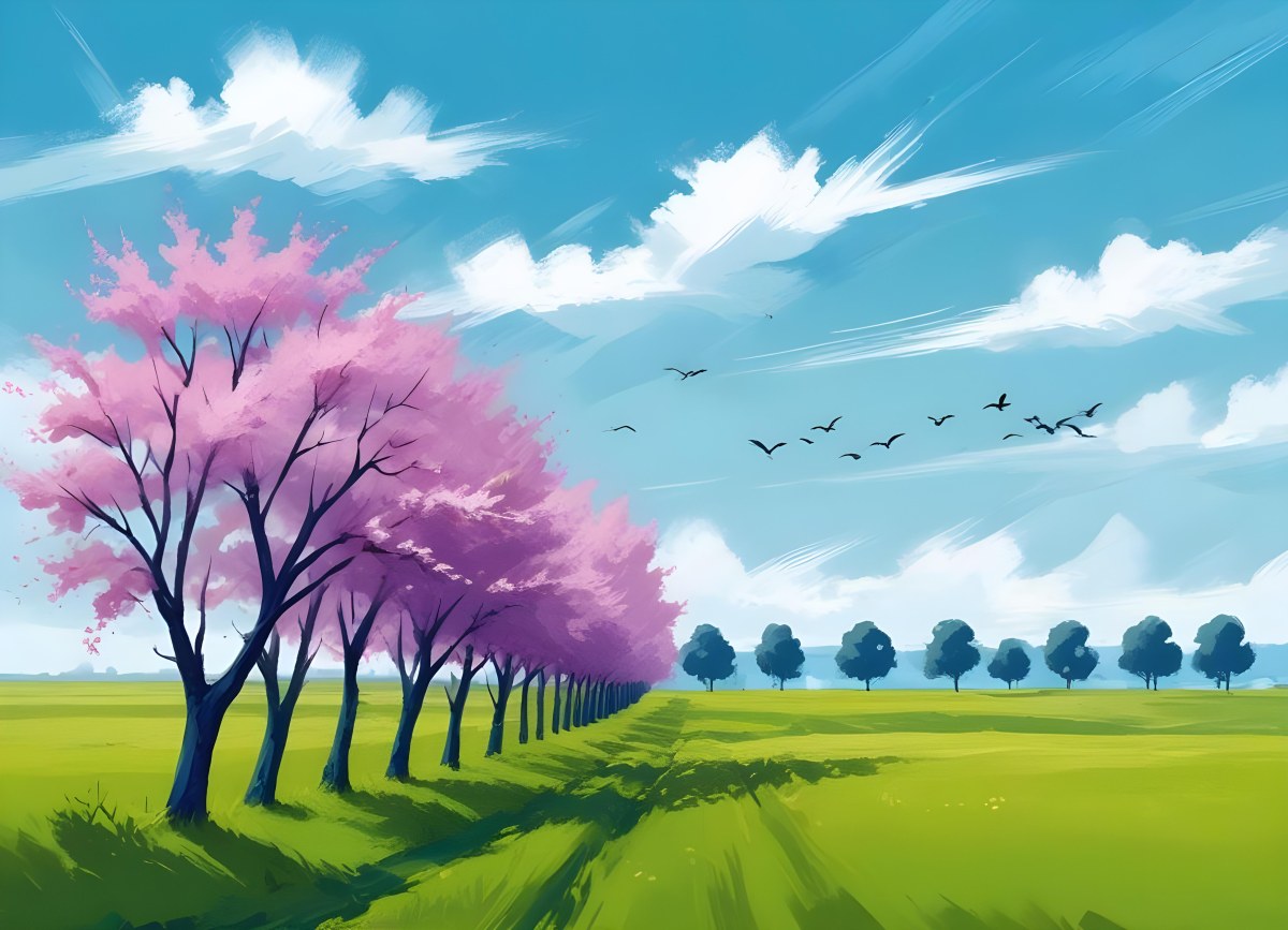 Row Of Blue Trees In A Green Field With A Blue Sky And White Clouds Birds Flying In The Distance Spring Landscape 5 9695