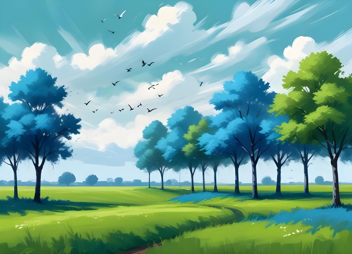 Row Of Blue Trees In A Green Field With A Blue Sky And White Clouds Birds Flying In The Distance Spring Landscape 6 1f26