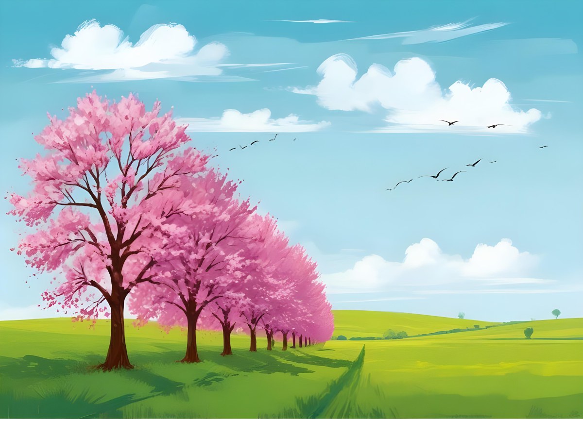 Row Of Blue Trees In A Green Field With A Blue Sky And White Clouds Birds Flying In The Distance Spring Landscape 7 16a5