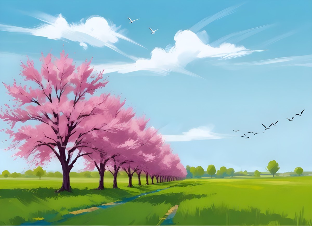 Row Of Blue Trees In A Green Field With A Blue Sky And White Clouds Birds Flying In The Distance Spring Landscape 9 Ff79