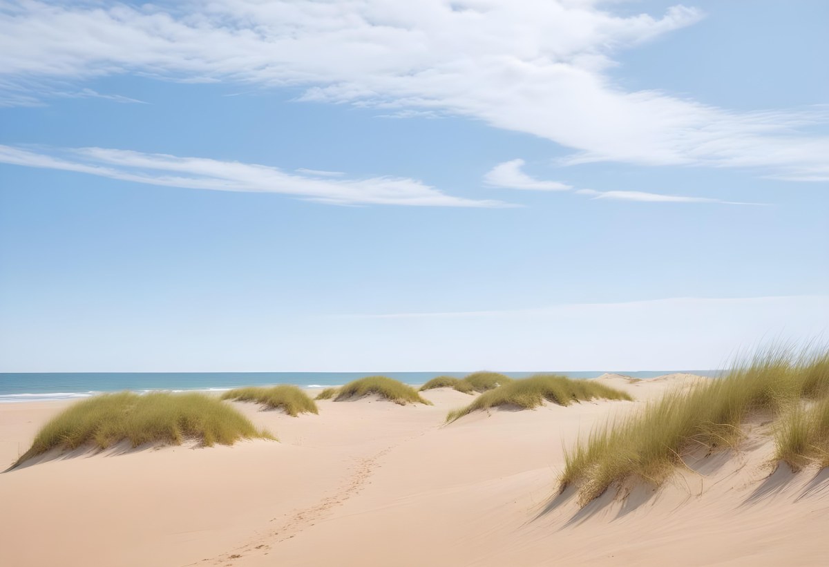 Sand Dunes On A Beach With A Blurred Blue Sky And Ocean In The Background 12 0ffb